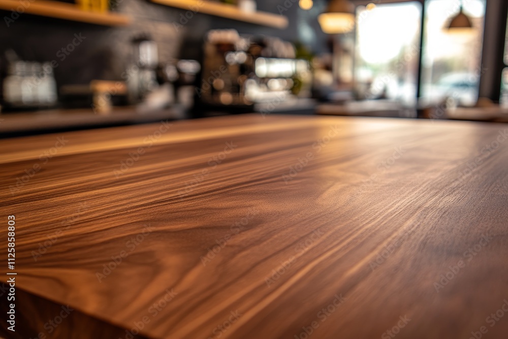 Close-up of a polished walnut wood table top in a cafe. Close-up of a polished walnut wood table top in a cafe.