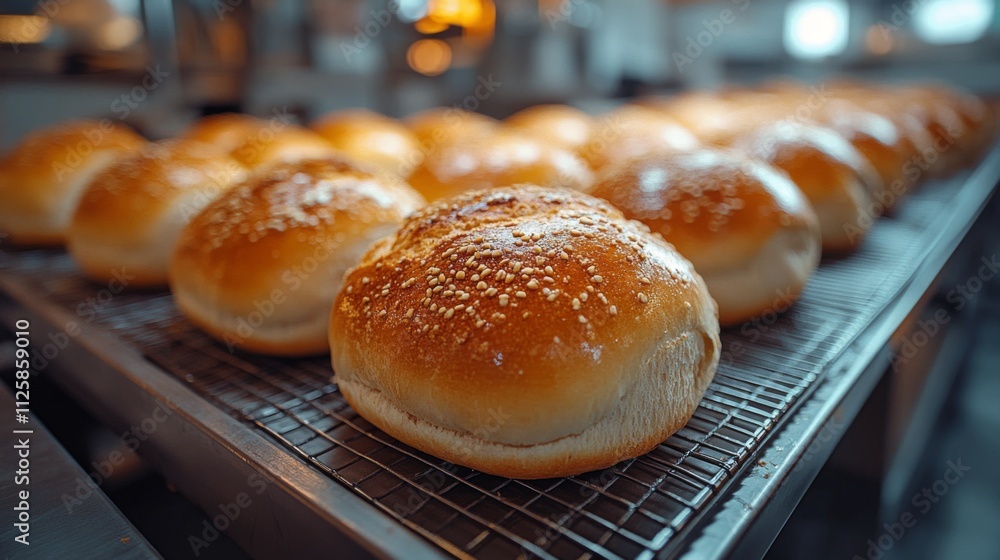 Warm, golden bread rolls rest on a wire rack after baking in a busy bakery. The aroma fills the air, enticing customers and workers alike during the morning rush. Warm, golden bread rolls rest on a wire rack after baking in a busy bakery. The aroma fills the air, enticing customers and workers alike during the morning rush.