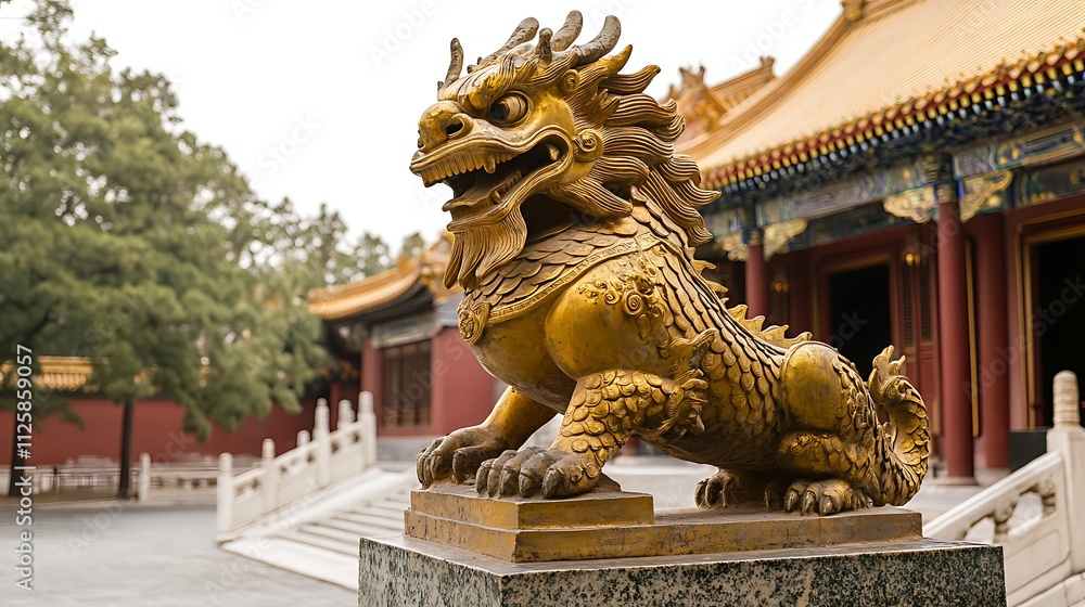 Golden Chinese guardian lion statue in front of a temple. Golden Chinese guardian lion statue in front of a temple.
