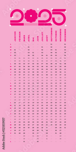 Calendrier 2025 Français, Vertical et Modifiable, Couleur rose