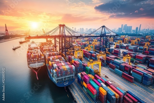 A busy port in China with cranes unloading shipping containers, while in the background, a similar scene unfolds at a major US port, showing the interconnectedness of global trade. photo