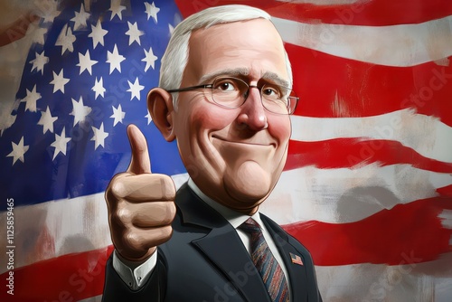 A caricature of a U.S. politician standing in front of a large American flag, giving a thumbs-up, with the flag waving in the background and a transparent backdrop. photo