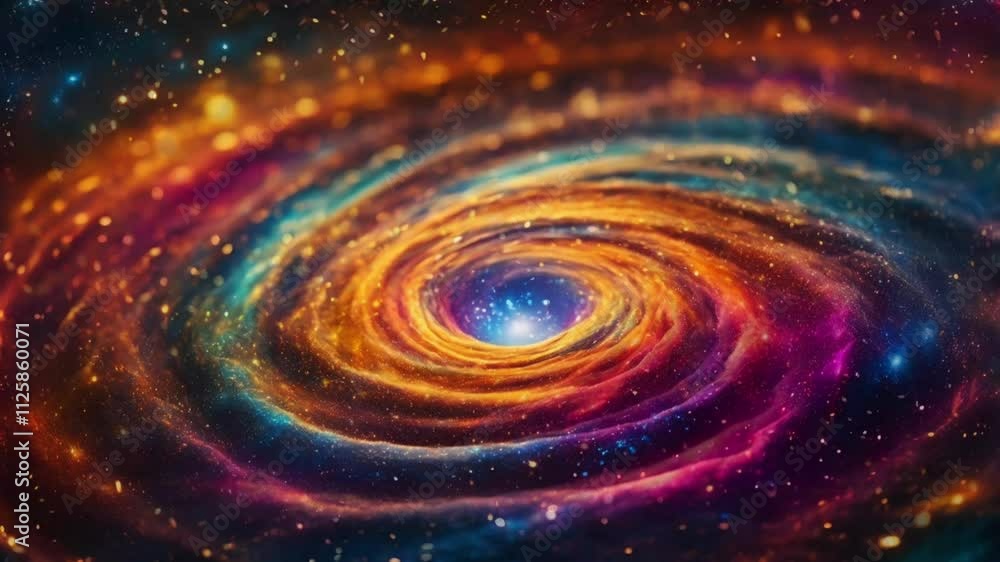 Abstract animated 3D background. Glowing neon swirls of swirling lines form spirals. Pink blue light swirls and vibrant particles leave visible trails.