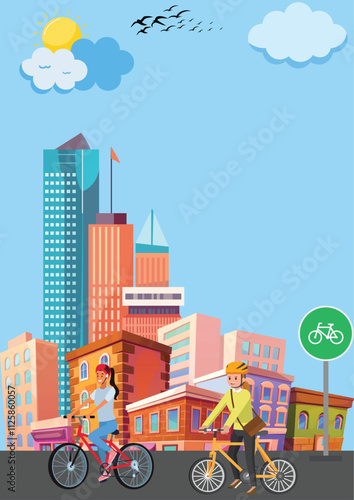 Vector Illustration of two women cycling for work activities with city and company background
