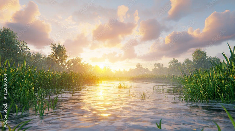 Serene sunset over calm river, lush vegetation. Serene sunset over calm river, lush vegetation.