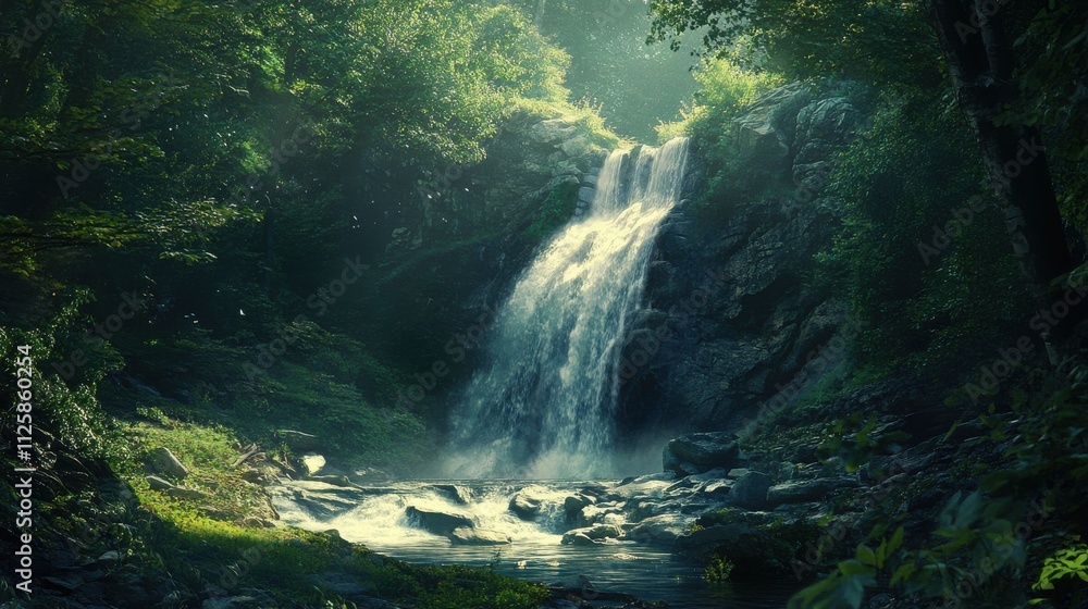 Sunlit waterfall cascading down mossy rocks in lush green forest. Sunlit waterfall cascading down mossy rocks in lush green forest.