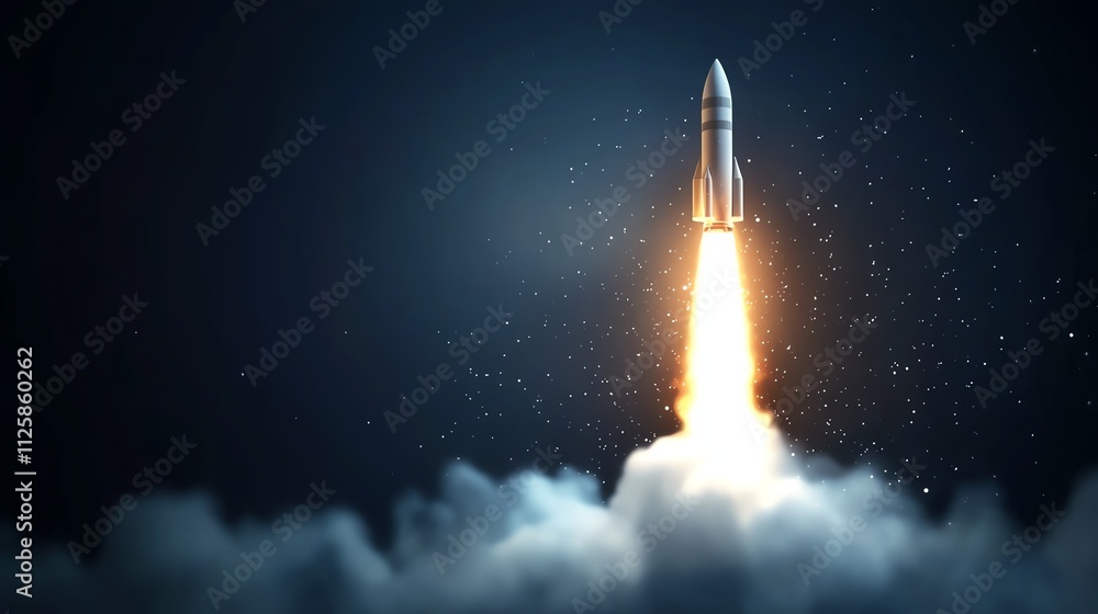 Rocket launching with bright flames against a dark sky, showcasing technological advancement. Rocket launching with bright flames against a dark sky, showcasing technological advancement.