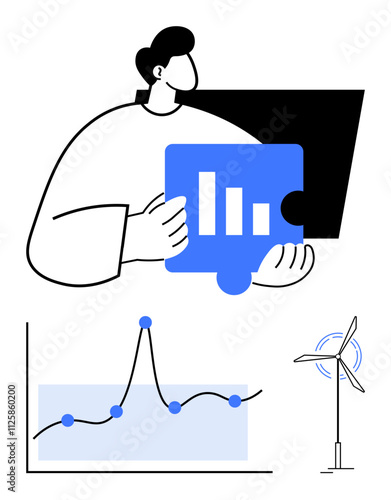 Person with puzzle piece symbolizing data analysis graph showing trends wind turbine. Ideal for sustainability, business, ecology, technology, analytics, data integration, energy. Line metaphor