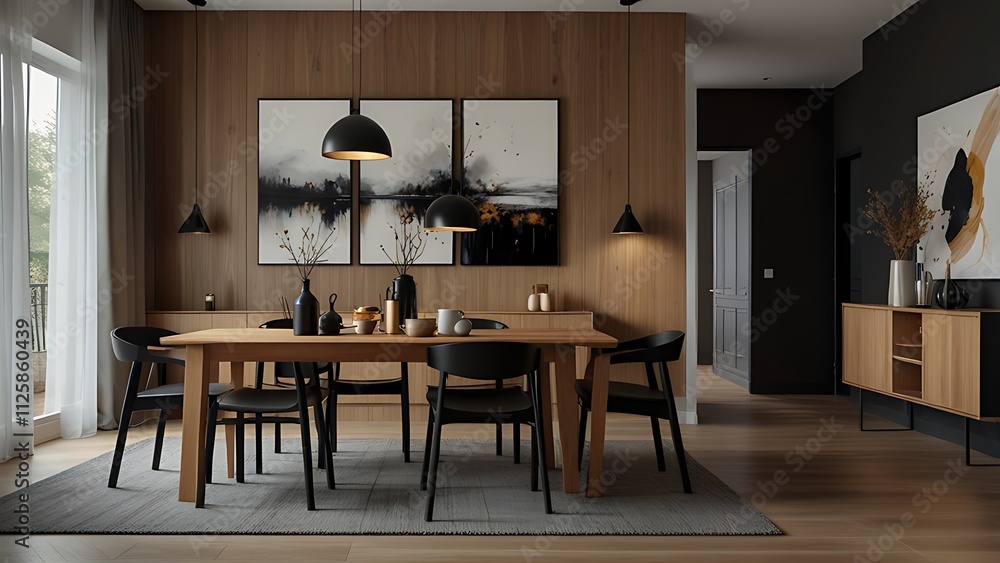Stylish dining room interior with design wooden family table, black chairs, teapot with mug, mock up art paintings on the wall and elegant accessories Stylish dining room interior with design wooden family table, black chairs, teapot with mug, mock up art paintings on the wall and elegant accessories