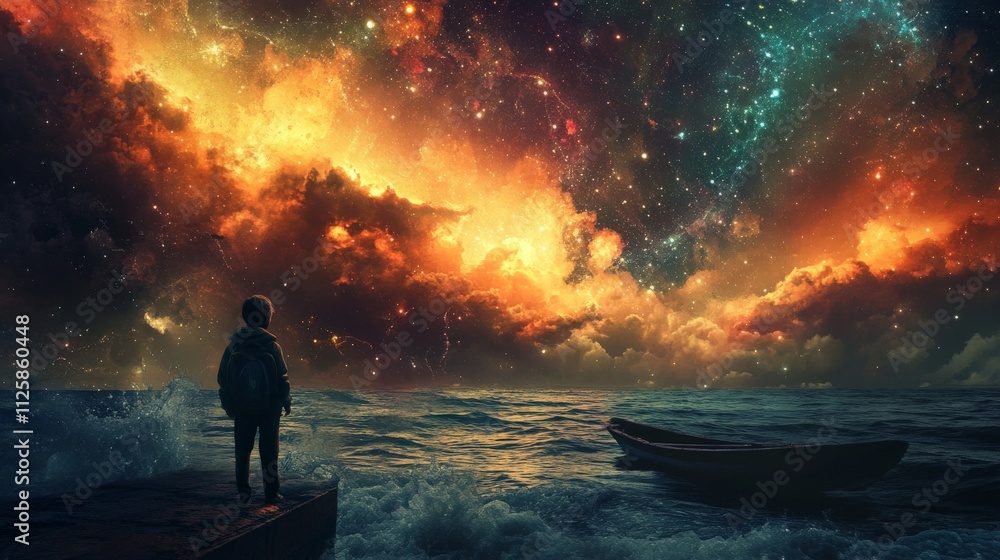 A lone figure stands at the edge of a stormy sea, gazing up at a vibrant night sky filled with stars and nebulae. A lone figure stands at the edge of a stormy sea, gazing up at a vibrant night sky filled with stars and nebulae.