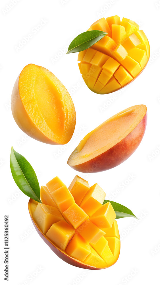 flying mango fruit and half slices isolated on transparent white background, clipping path flying mango fruit and half slices isolated on transparent white background, clipping path