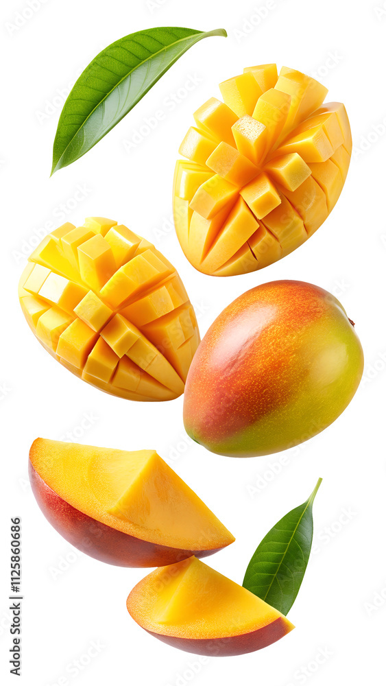 flying mango fruit and half slices isolated on transparent white background, clipping path flying mango fruit and half slices isolated on transparent white background, clipping path
