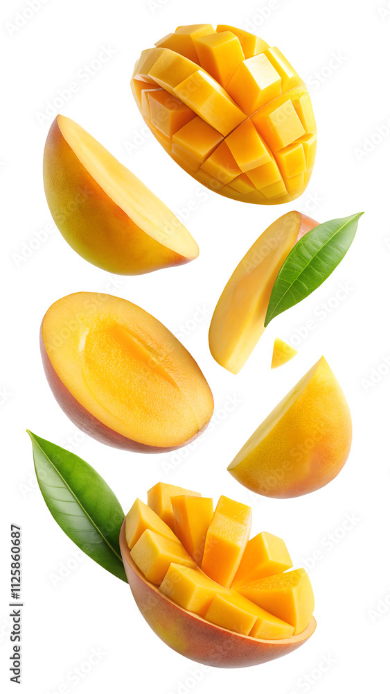 Fototapeta premium flying mango fruit and half slices isolated on transparent white background, clipping path