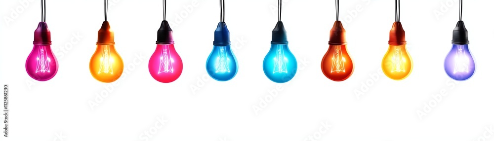 Colorful light bulbs hanging in a row, white isolate background Colorful light bulbs hanging in a row, white isolate background