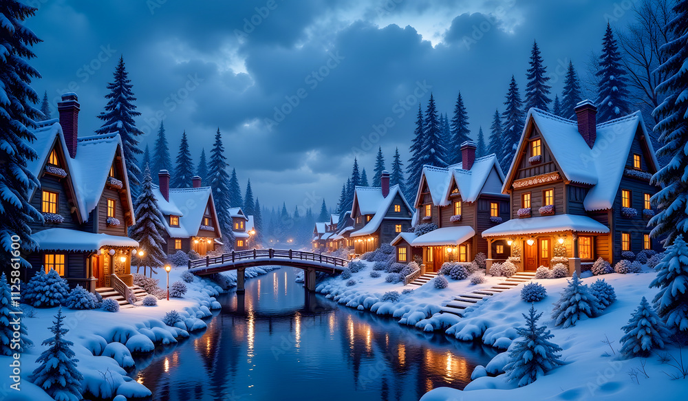 Naklejka premium A picturesque snowy village with glowing wooden houses, a tranquil stream, a charming bridge, and towering pine trees under a moody evening sky.