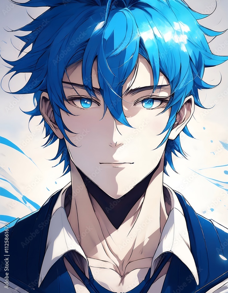 A captivating portrait of an anime boy with vibrant blue hair and intense eyes. The digital art showcases intricate details and a stylish aesthetic. A captivating portrait of an anime boy with vibrant blue hair and intense eyes. The digital art showcases intricate details and a stylish aesthetic.