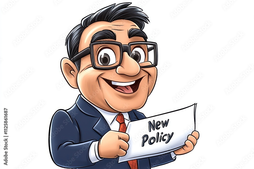 A cartoon version of a U.S. politician with oversized glasses and a wide smile, holding a document with A cartoon version of a U.S. politician with oversized glasses and a wide smile, holding a document with