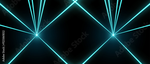 Laser rays or beams, glowing neon lines, bright futuristic background. Concert or nightclub spotlights. Vector illustration.