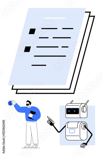 Documents with checklists, human figure placing a coin, and robot indicating a task. Ideal for workflow management, automation, team coordination, productivity, task delegation, technology