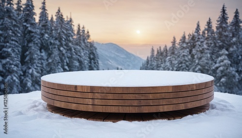 Winter Product Showcase Photoset Empty Podium Amidst Snow Ice and Mountainous Beauty photo