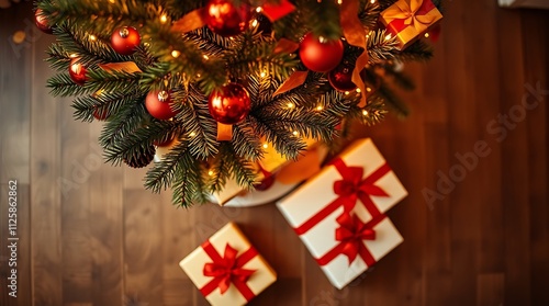 Christmas tree and holidays present on fireplace background photo