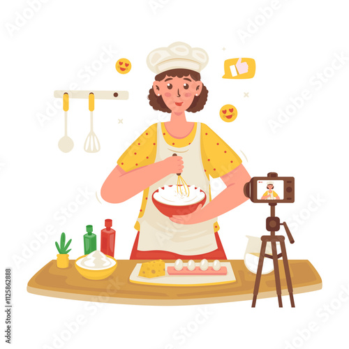 Food vlogger recording making cake content vector illustration