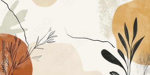 Abstract design featuring organic shapes and botanical elements in earthy tones.