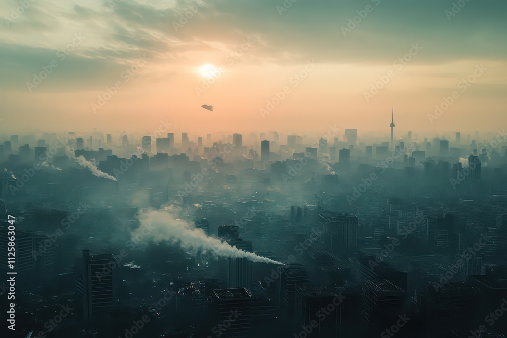 A city covered in smog, with factories releasing thick pollution into the air, while the sun is obscured by haze, highlighting the link between industrialization and climate change. A city covered in smog, with factories releasing thick pollution into the air, while the sun is obscured by haze, highlighting the link between industrialization and climate change.