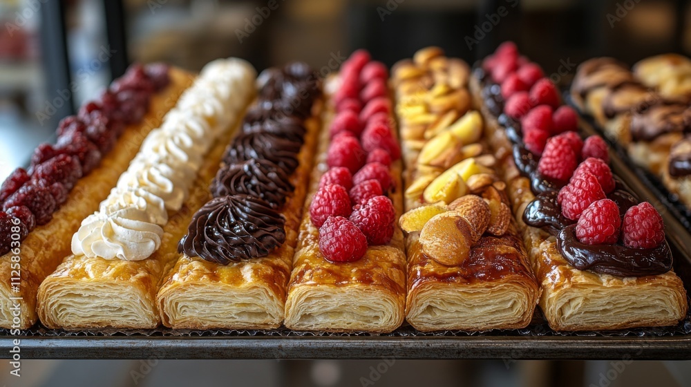 Freshly baked pastries lined up in a bakery showcase. Each pastry topped with cream, chocolate, fruits, and berries, inviting sweet lovers to indulge. Freshly baked pastries lined up in a bakery showcase. Each pastry topped with cream, chocolate, fruits, and berries, inviting sweet lovers to indulge.