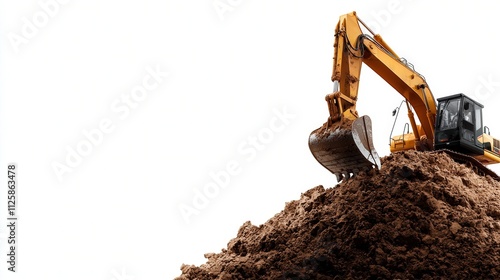 A yellow excavator digging into a mound of earth, isolated on white.