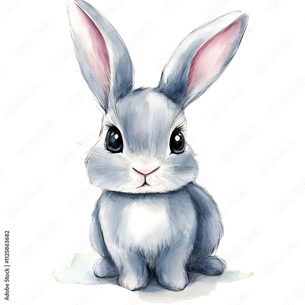 Fototapeta premium Adorable Grey Bunny Rabbit Watercolor Illustration