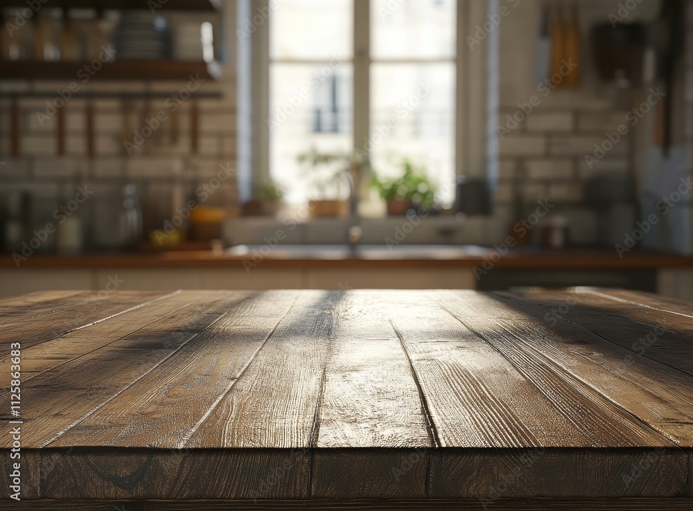Rustic wooden table in a sunlit kitchen. Rustic wooden table in a sunlit kitchen.