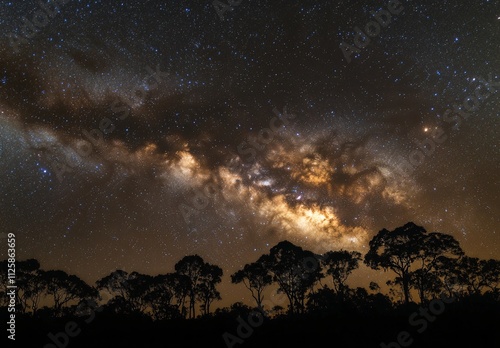 Milky Way Galaxy Over Silhouetted Trees, Night Sky Astrophotography