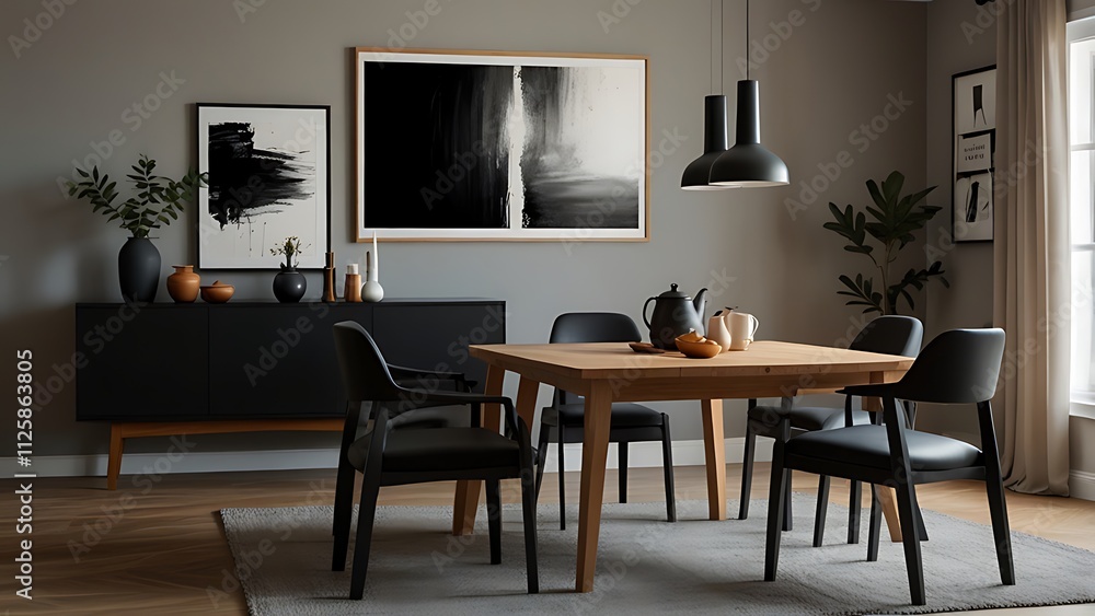 Stylish dining room interior with design wooden family table, black chairs, teapot with mug, mock up art paintings on the wall and elegant accessories ... Stylish dining room interior with design wooden family table, black chairs, teapot with mug, mock up art paintings on the wall and elegant accessories ...