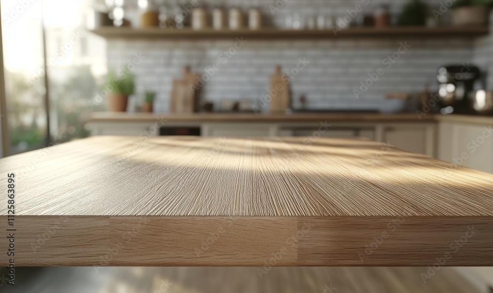Sunny kitchen countertop, wood surface, modern design. Sunny kitchen countertop, wood surface, modern design.