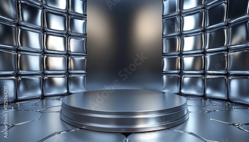 Silver black metalic ceremony award stage venue background. 3d stage background. Elegant venue concept.
