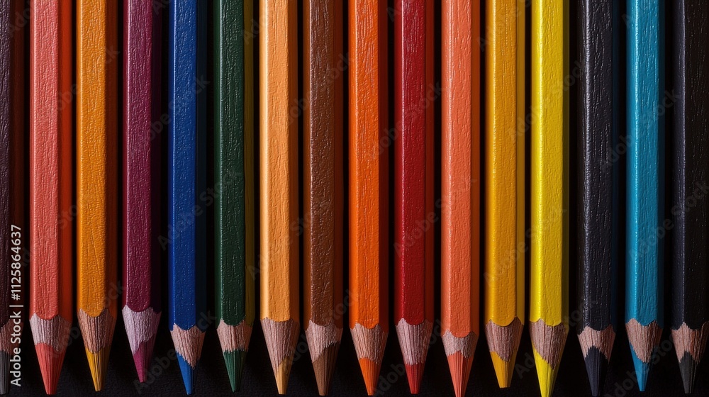A set of colored pencils arranged in a neat row. A set of colored pencils arranged in a neat row.