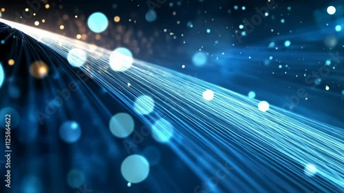 Fiber optic cables with blue bokeh lights, technology and connectivity concept