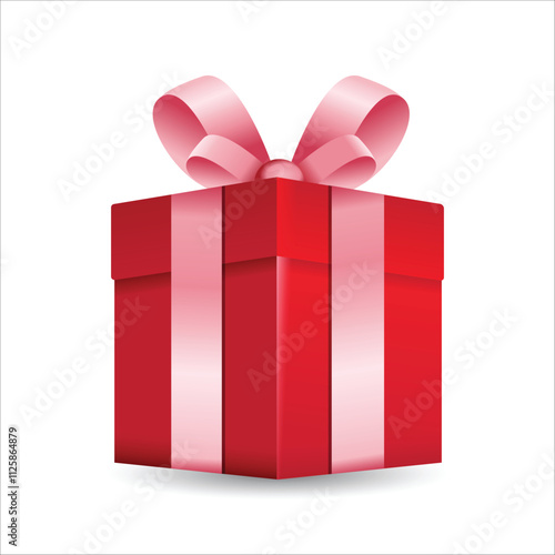 Surprise Red gift box pink ribbon, birthday celebration, special give away package, loyalty program reward, wonder gift with exclamation mark, vector icon, flat illustration stock illustration