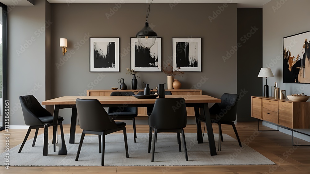 Stylish dining room interior with design wooden family table, black chairs, teapot with mug, mock up art paintings on the wall and elegant accessories ... Stylish dining room interior with design wooden family table, black chairs, teapot with mug, mock up art paintings on the wall and elegant accessories ...