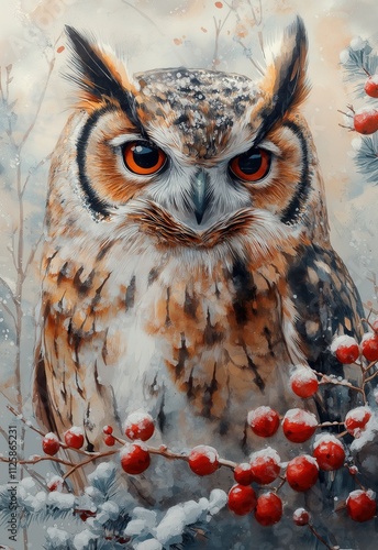 Watercolor Christmas owl on a greeting card. photo