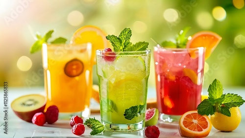 A refreshing cocktail with lime, mint, and a hint of strawberry, served in a glass with ice, offering a sweet, cold, and healthy drink perfect for summer photo