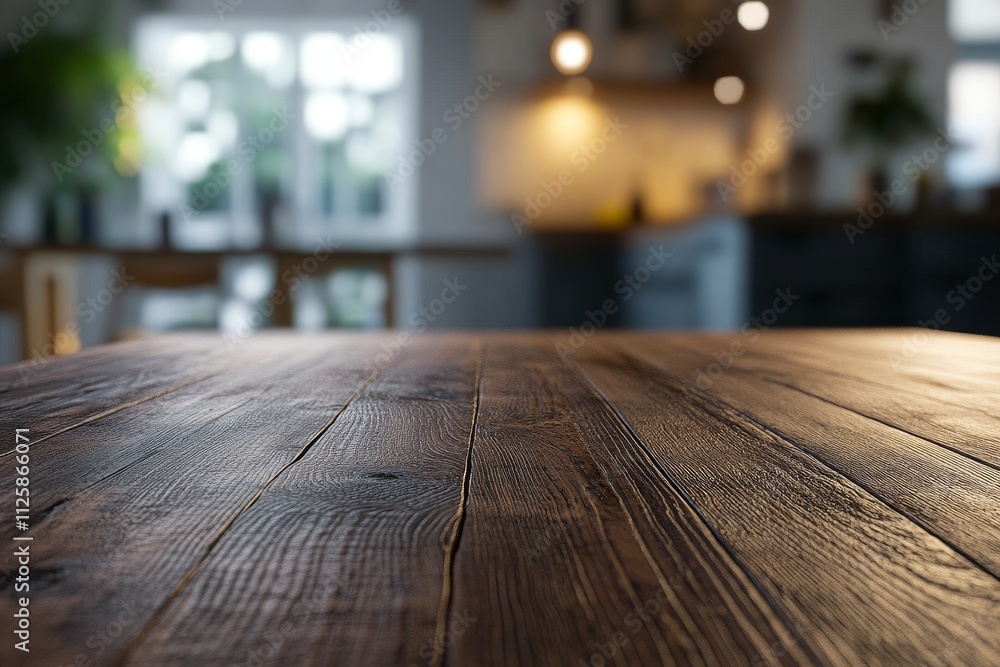 Empty dark brown wooden table in blurred modern kitchen background. Empty dark brown wooden table in blurred modern kitchen background.