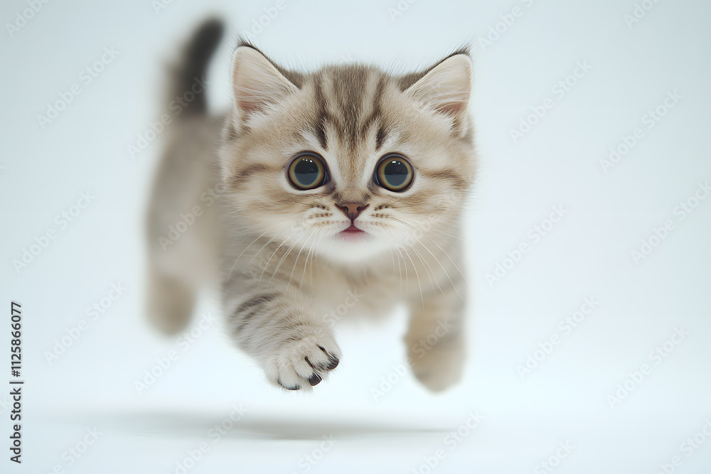 Curious Exotic Shorthair kitten with big, wide eyes, gazing intently on a white background Curious Exotic Shorthair kitten with big, wide eyes, gazing intently on a white background