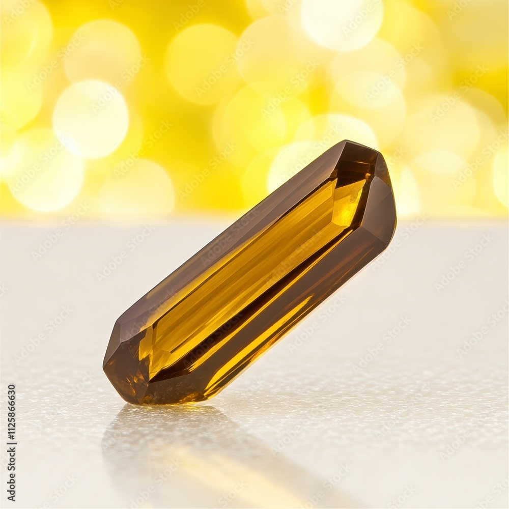 A polished amber crystal with a vibrant yellow bokeh background. A polished amber crystal with a vibrant yellow bokeh background.