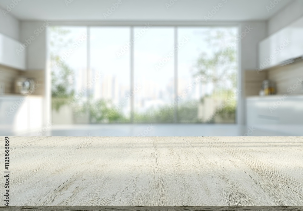 Light wood table top with blurred modern kitchen and city view background. Light wood table top with blurred modern kitchen and city view background.