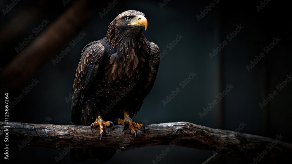 Obraz premium A bald eagle standing on a branch, staring forward.