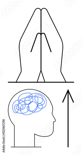 Hands in prayer atop a head with tangled lines inside, indicating mental chaos. Upward arrow suggests rising above stress. Ideal for themes mindfulness, mental health, meditation, spirituality