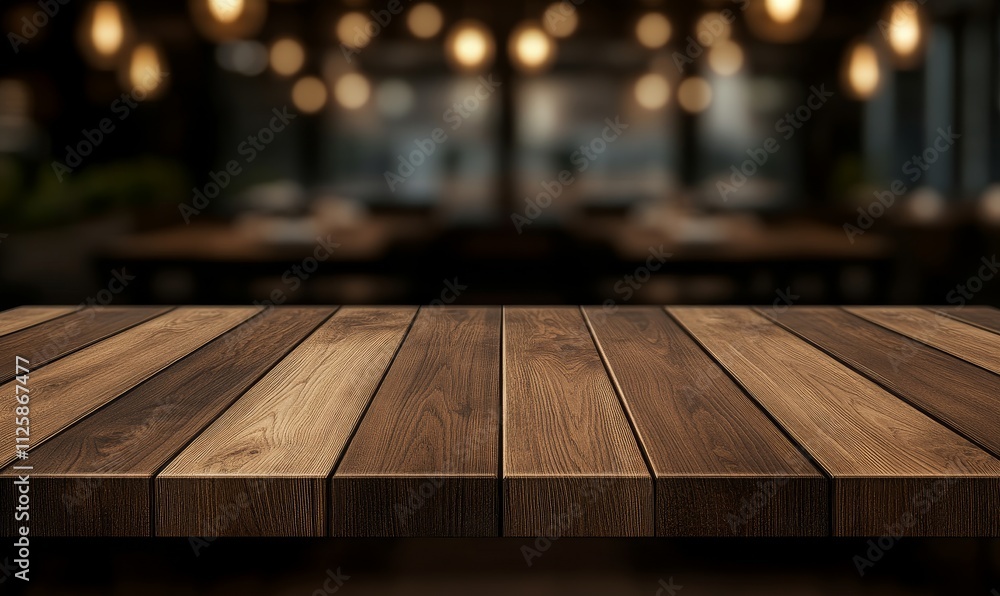 Empty wooden table top with blurred restaurant background. Empty wooden table top with blurred restaurant background.