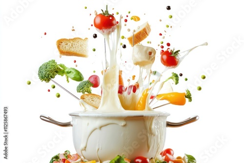 A close-up of a Swiss fondue pot with melted cheese and various dipping items like bread, vegetables, and fruits, set against a transparent background. photo